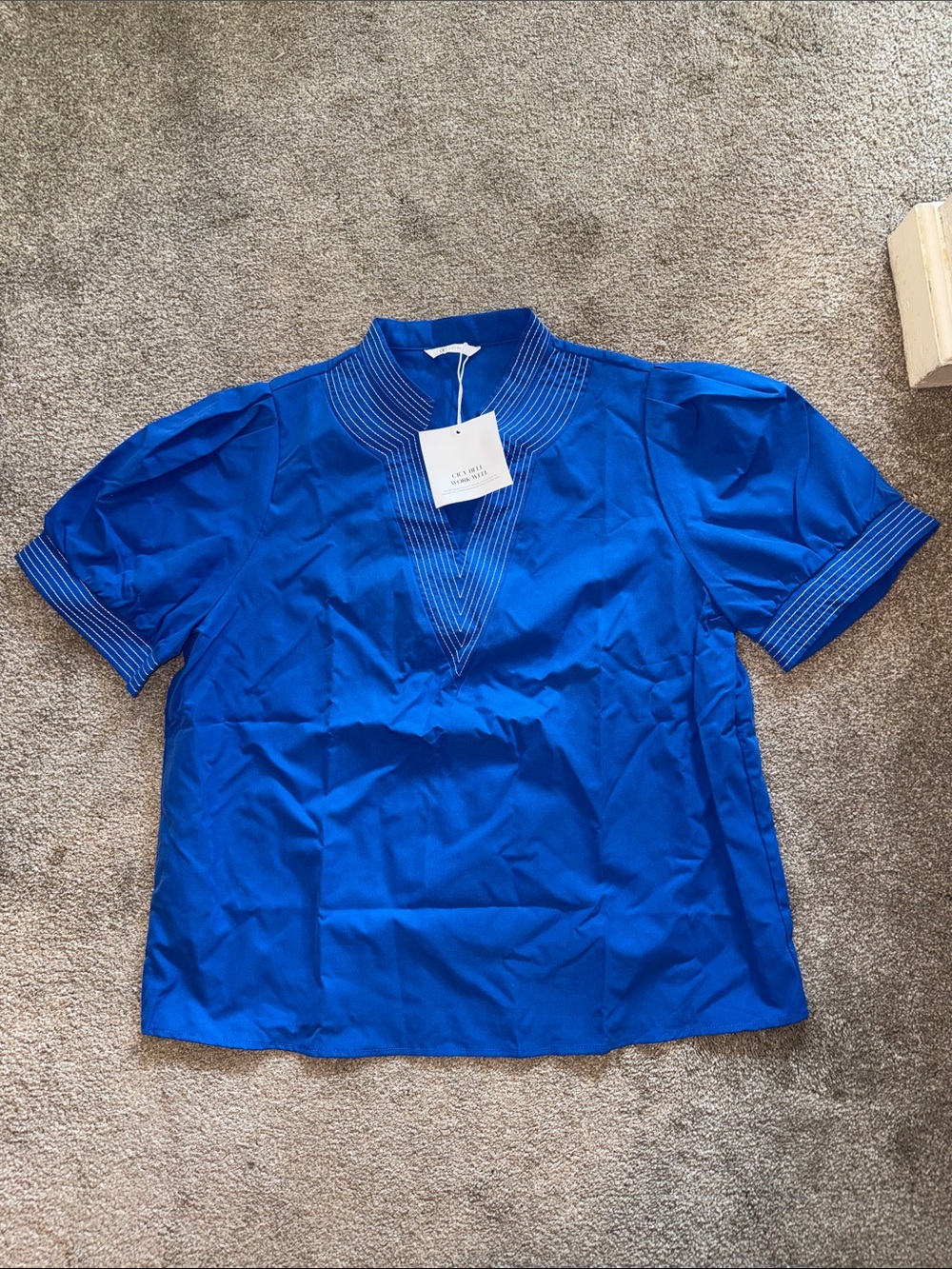 Cobalt Blue Short-Sleeve Pintuck Yoke Blouse